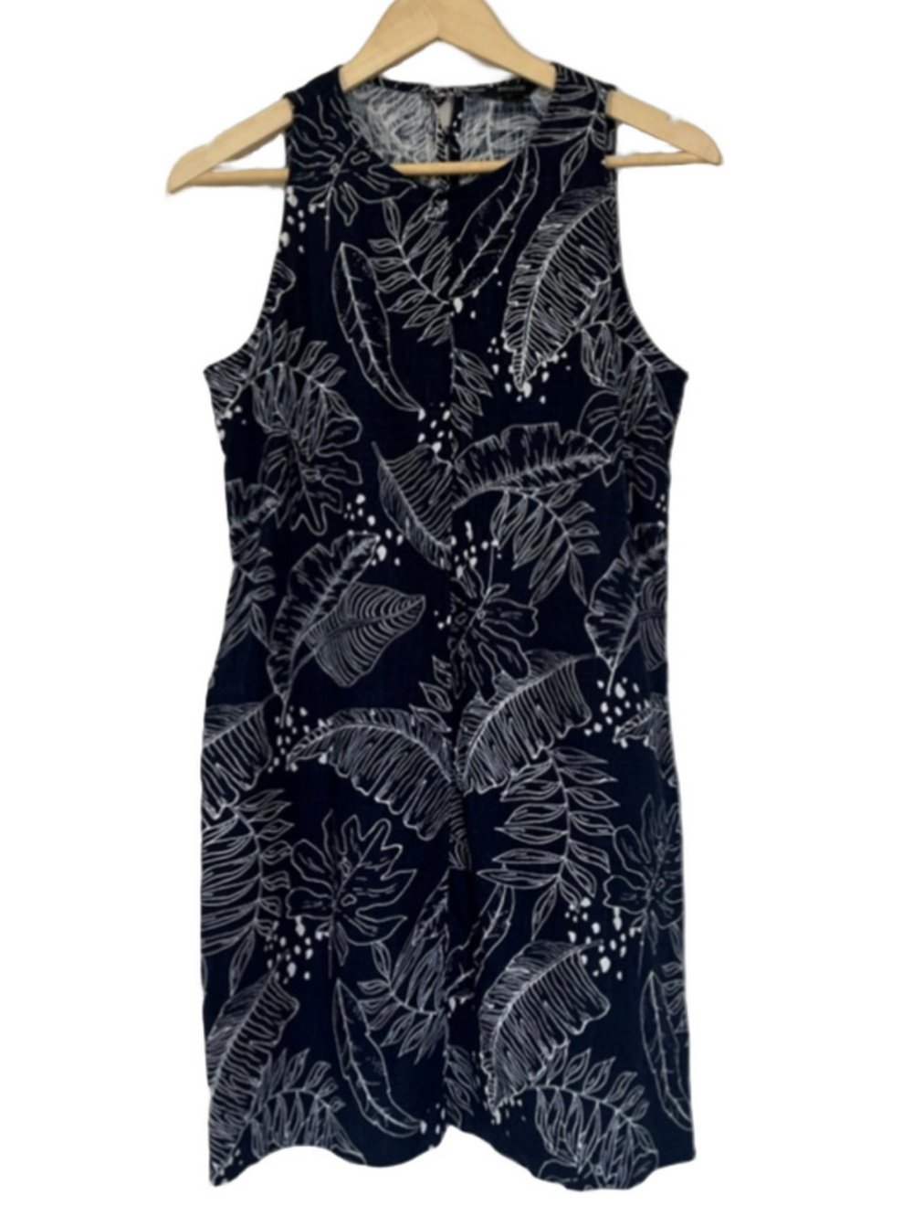 Linen Blend RW&CO. Navy White Tropical Leaf Print Mini Sundress Sleeveless